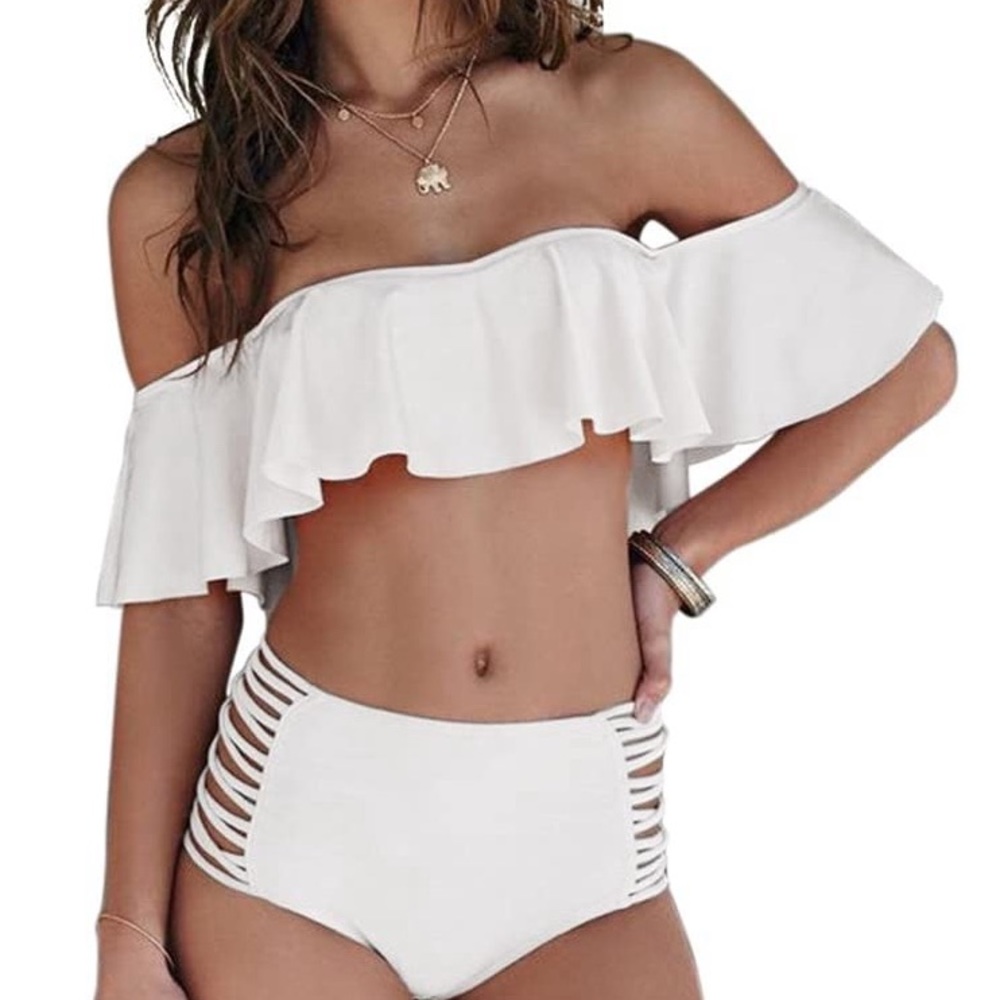 White Bikini Off Shoulder Top & High-Waist Bottom